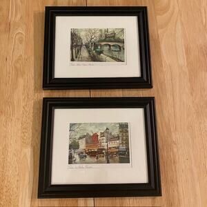 Vintage Georges B. Small Framed Prints (2) Watercolor Le Moulin Rouge Notre Dame